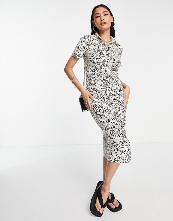 River Island Animal Print Ruched Midi Shirt Dress In Black