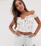 Missguided Bardot Milkmaid Crop Top In White Floral Print - Multi