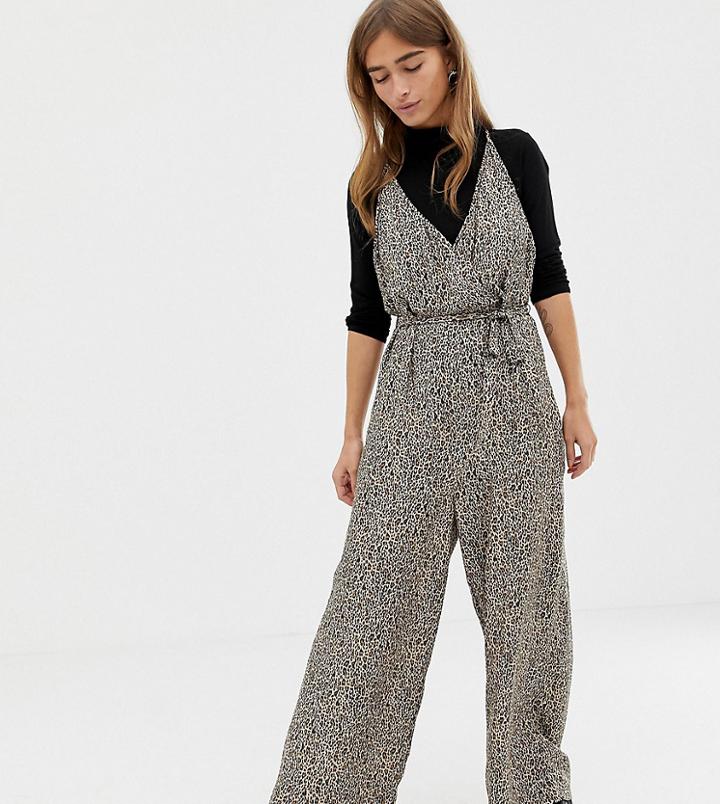 Asos Design Petite Strappy Wrap Front Jumpsuit In Leopard Animal Print-multi