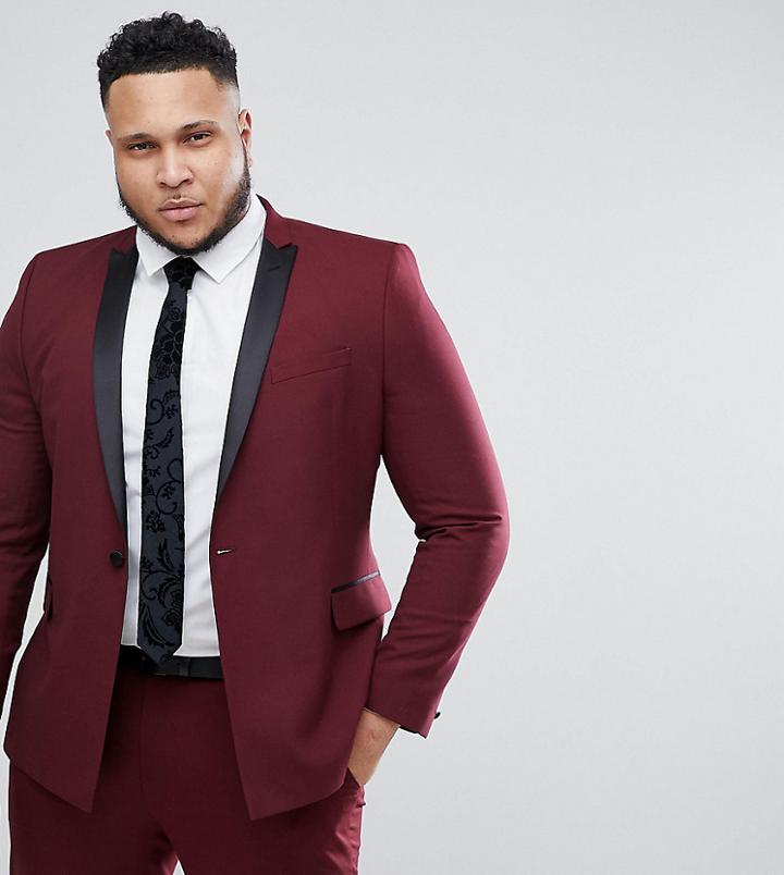 Asos Plus Skinny Suit Tuxedo Jacket In Dark Burgundy With Black Satin Lapel - Red