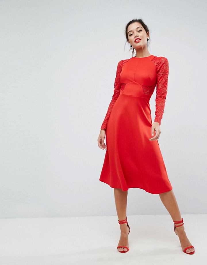 Asos Premium Midi Scuba Skater Dress With Lace Sleeves - Red