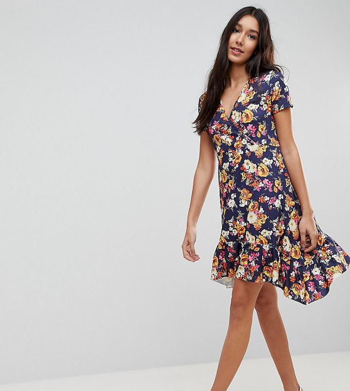Asos Tall Floral Ruffle Dip Hem Tea Dress-multi