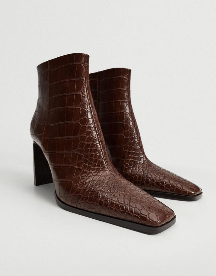 Mango Heeled Ankle Boots With Square Toe In Brown Croc