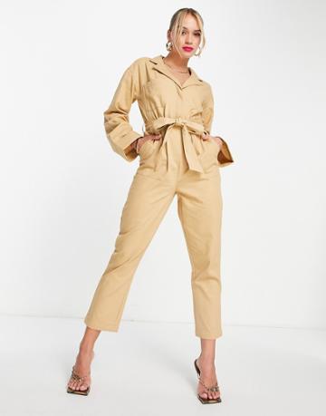 Pretty Lavish Utility Jumpsuit In Camel-neutral