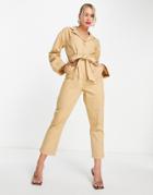 Pretty Lavish Utility Jumpsuit In Camel-neutral