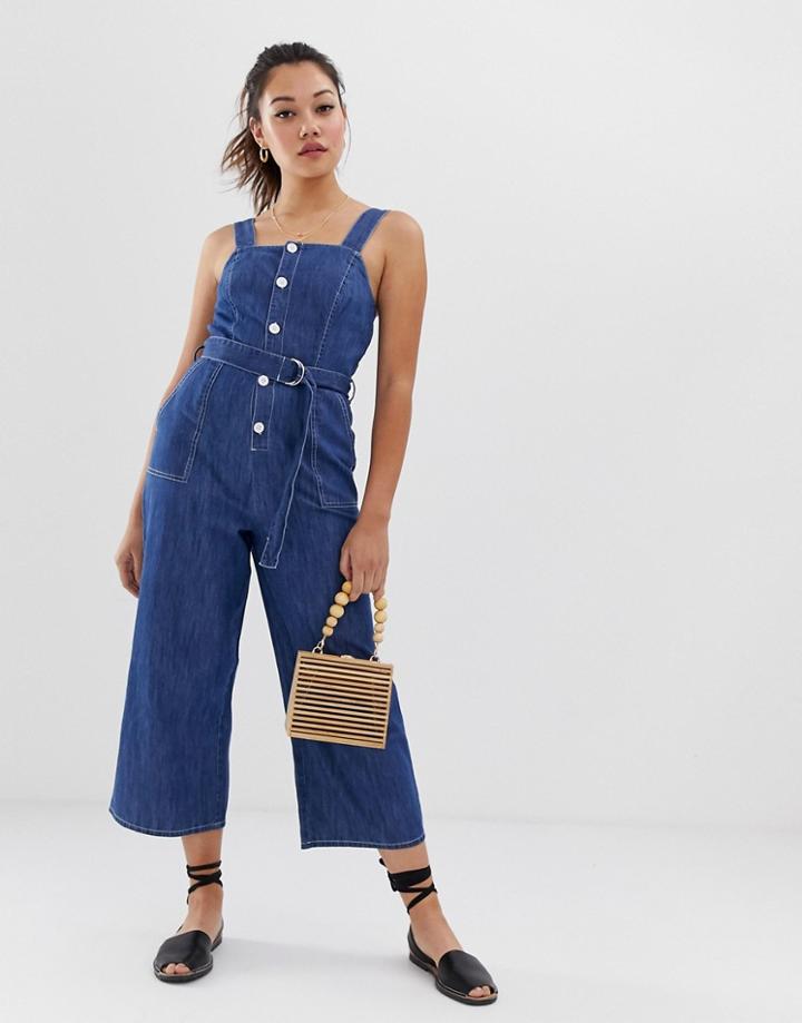 Miss Selfridge Denim Jumper Dress Jumpsuit In Mid Wash - Blue