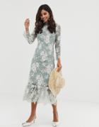 Vila Contrast Lace Midi Dress-green