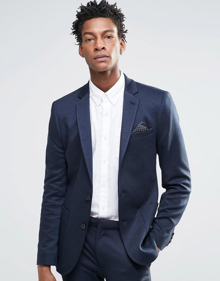 Asos Super Skinny Blazer In Jersey In Navy - Navy