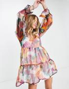 Twisted Wunder Smock Mini Organza Dress In Watercolor Floral-multi