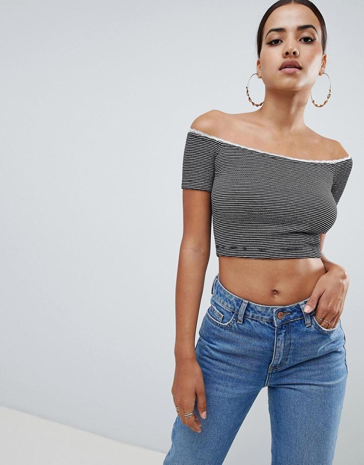 Asos Design Off Shoulder Crop Top In Textured Stripe With Lace Trim - Multi
