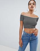 Asos Design Off Shoulder Crop Top In Textured Stripe With Lace Trim - Multi