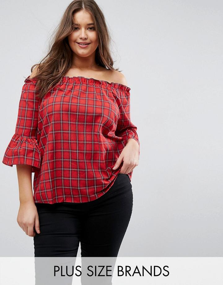 New Look Plus Check Bardot Top - Red