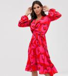 Flounce London Tall Satin Wrap Midi Dress In Pink Polka Dot