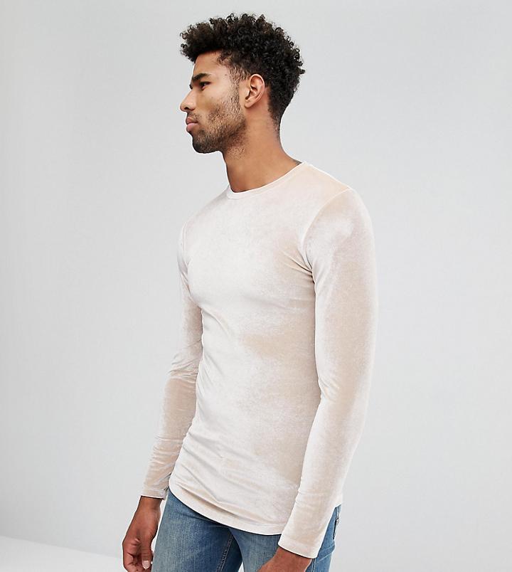 Asos Tall Longline Muscle Long Sleeve T-shirt In Velour With Curved Hem In Beige - Beige
