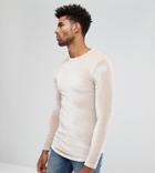 Asos Tall Longline Muscle Long Sleeve T-shirt In Velour With Curved Hem In Beige - Beige