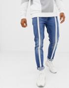 Asos Design Skinny Jeans In Vintage Mid Wash Blue With Front Stripe - Blue