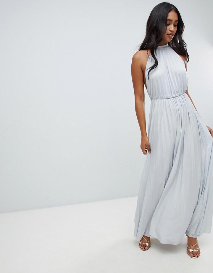 Asos Design High Neck Pleated Maxi Dress-gray