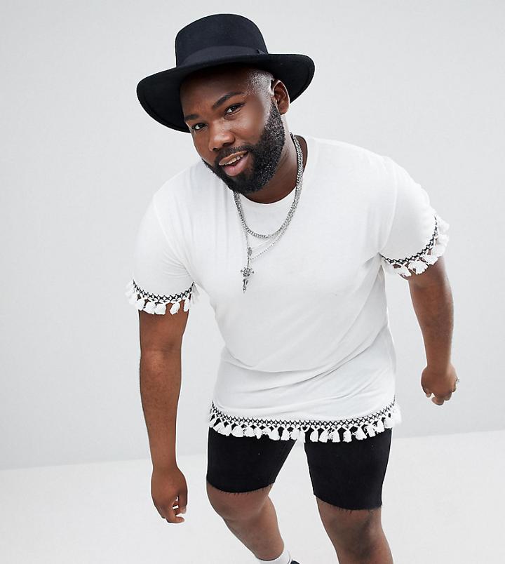 Asos Design Festival Plus Relaxed Longline T-shirt With Pom-pom Hem And Sleeves In Ecru - White