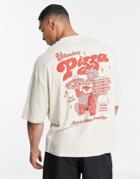 Asos Design Oversized T-shirt In Beige With Pizza Back Print-neutral