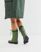 Asos Design Ground Chunky Lace Up Rain Boot In Khaki - Green