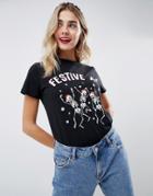 Asos Design Christmas T-shirt With Festive Af Skeleton Print - Black