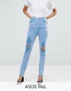 Asos Tall Farleigh High Waist Slim Mom Jeans In Fran Light Mottled Wash With Super Busts And Stepped Hem - Blue