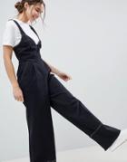 Asos Design Jumpsuit In Twill With Tie Detail And Wide Leg - Black