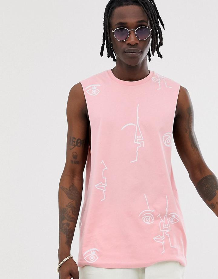 Asos Design Relaxed Fit Tank With Line Drawing Print-pink