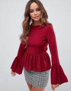 Prettylittlething Tie Back Peplum Blouse In Burgundy - Red