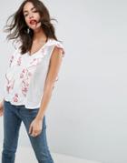 Asos Plunge Embroidered Blouse With Ruffle Detail - White