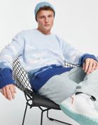 New Look Relaxed Knitted Sweater With Print In Blue-white