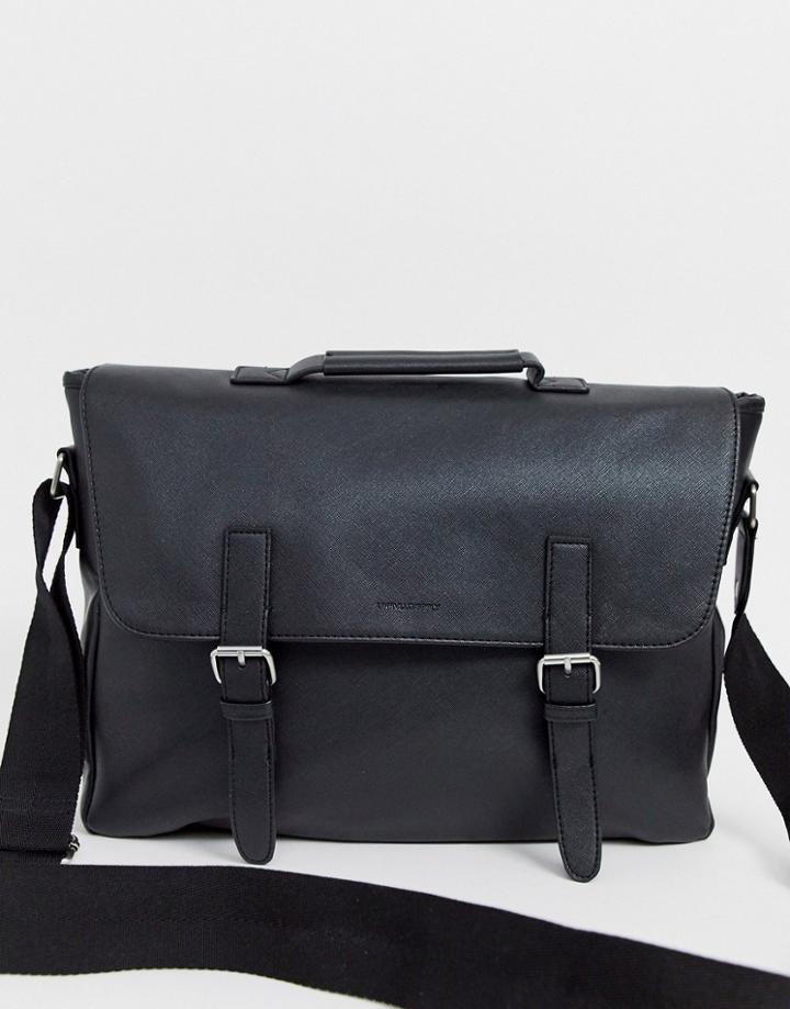 Asos Design Faux Leather Satchel In Black Saffiano With Double Straps And Internal Laptop Pouch - Black