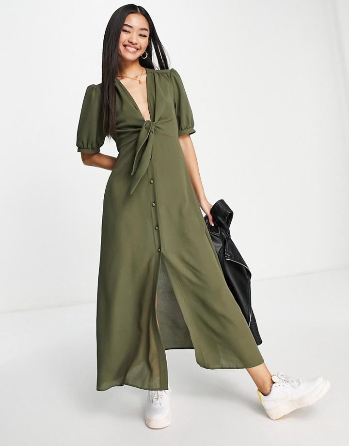 Asos Design Tie Front Button Through Midi Dress In Khaki-green