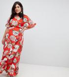 Asos Design Curve Ruffle Wrap Maxi Dress In Floral Jacquard - Multi
