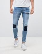 New Look Super Skinny Jeans With Patch Detail In Mid Wash Blue - Blue