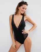 Asos Scuba Leopard Mesh Insert Lattice Leg Swimsuit - Black