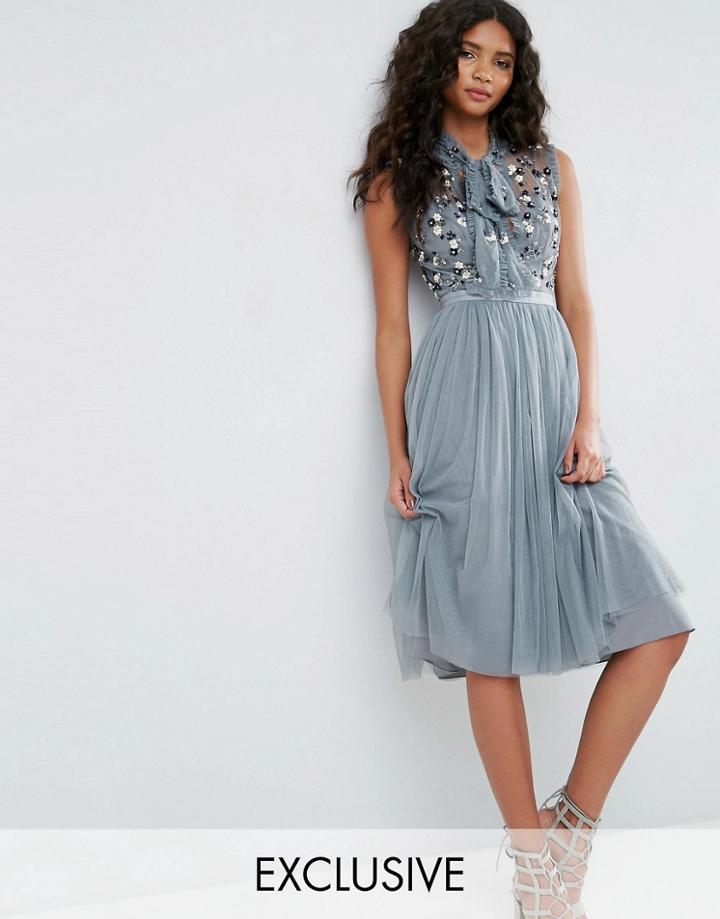 Needle & Thread Ditsy Bodice Dress With Tie Neck - Green