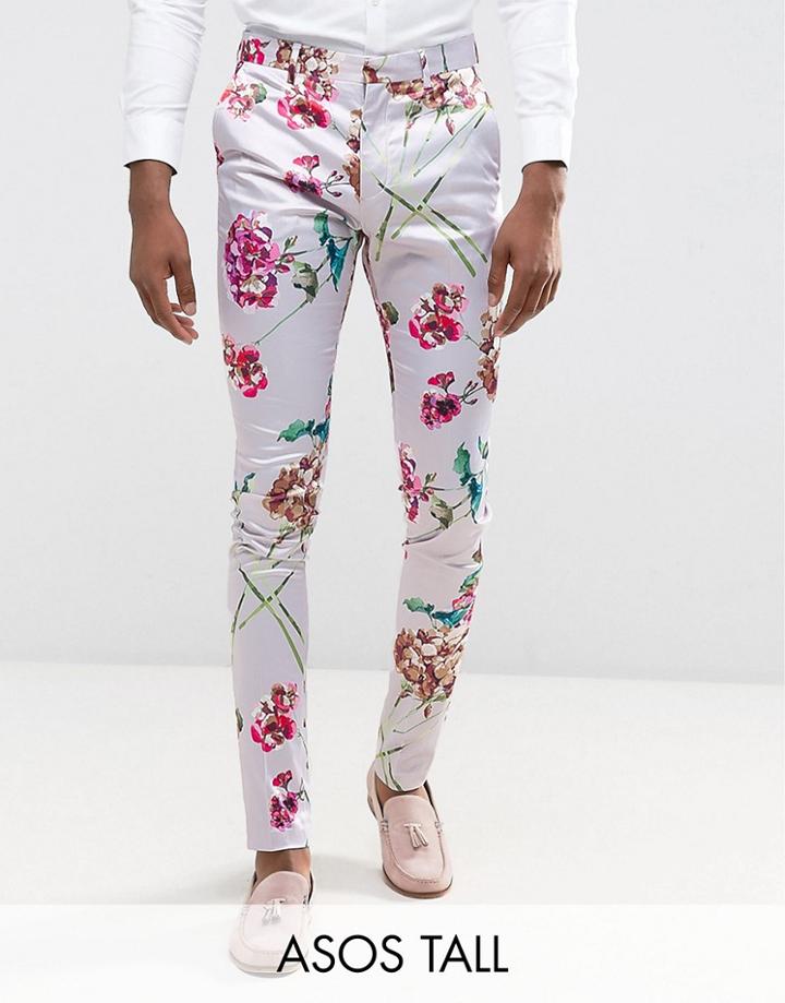 Asos Tall Super Skinny Smart Pants In Pink Floral Print - Pink