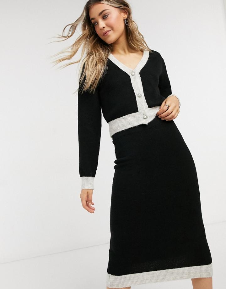 Asos Design Co-ord Cardigan With Tipped Detail And Jewel Buttons-black