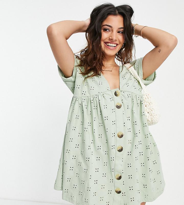 Asos Design Petite Broderie Smock Dress With Large Buttons In Sage-green