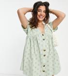 Asos Design Petite Broderie Smock Dress With Large Buttons In Sage-green