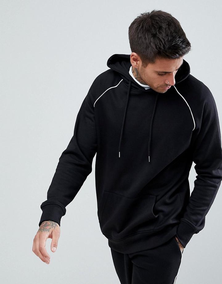 Boohooman Raglan Hoodie With Piping Detail In Black - Black