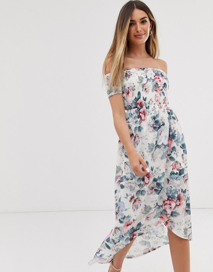 Parisian Off Shoulder Midi Dress In Floral Print