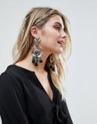 Asos Design Statement Engraved Disc And Crescent Stone Tassel Earrings - Silver