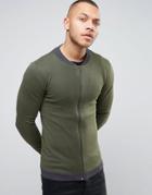 Asos Knitted Cotton Bomber With Contrast Trims In Khaki - Green