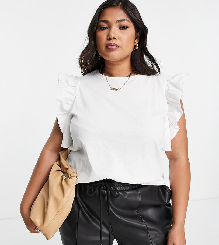 River Island Plus Frill Shoulder T-shirt In White