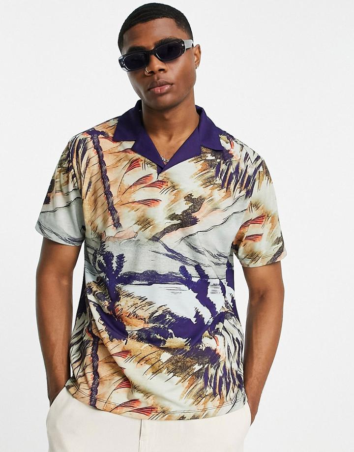 Asos Design Relaxed Polo T-shirt With All Over Scenic Print-brown