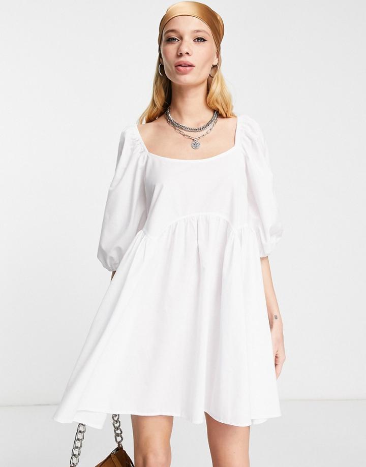 Asos Design Cotton Jumbo Scallop Puff Sleeve Smock Dress In White