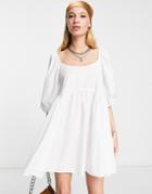 Asos Design Cotton Jumbo Scallop Puff Sleeve Smock Dress In White