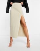 Pretty Lavish Thigh Slit Midi Knit Skirt In Beige-neutral